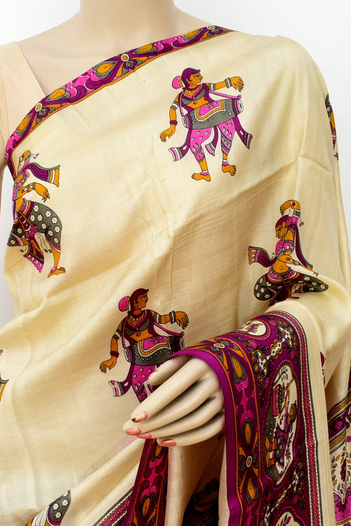 Cream-Peach-Magenta Handloom Pure Silk Saree 16360