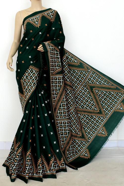 Bottle Green Gujrati Stitched Handloom Pure Silk Saree