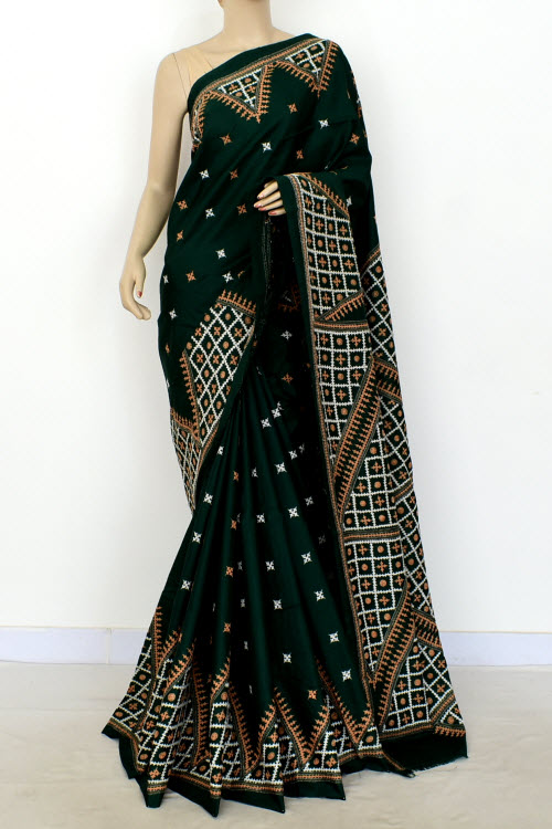Bottle Green Gujrati Stitched Handloom Pure Silk Saree
