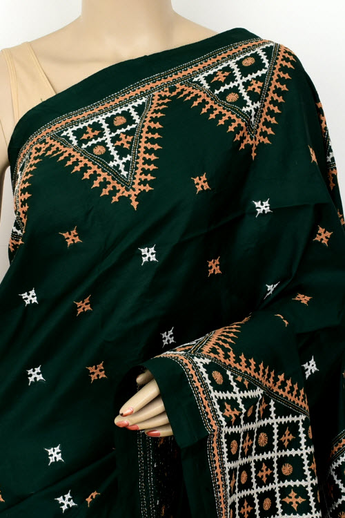 Bottle Green Gujrati Stitched Handloom Pure Silk Saree