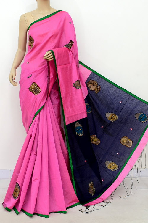 Pink-Blue Applique Mercerized Cotton Saree