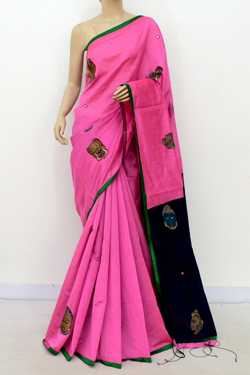 Pink-Blue Applique Mercerized Cotton Saree