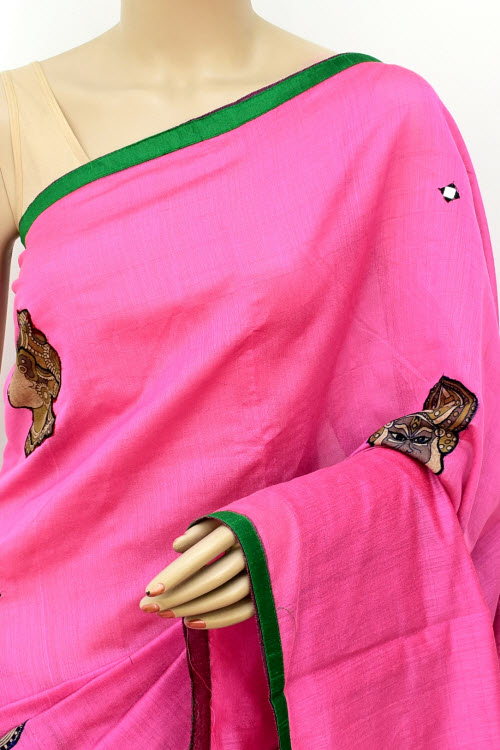 Pink-Blue Applique Mercerized Cotton Saree