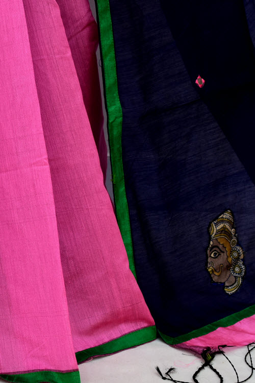 Pink-Blue Applique Mercerized Cotton Saree