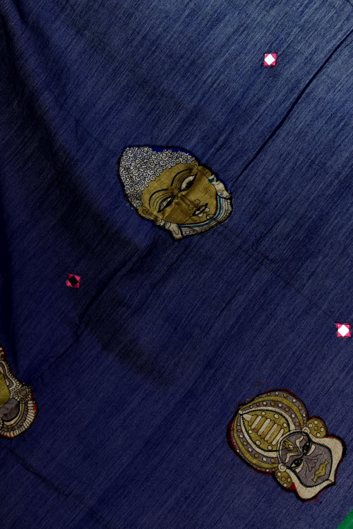 Pink-Blue Applique Mercerized Cotton Saree