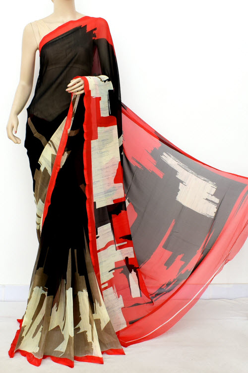 Black-Red Printed Georgette Saree with Blouse