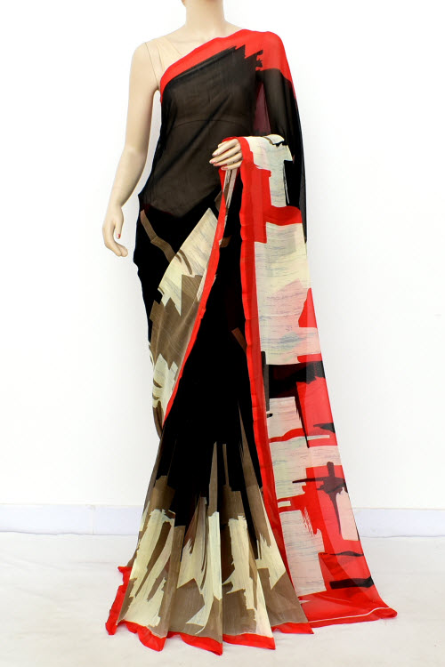 Black-Red Printed Georgette Saree with Blouse