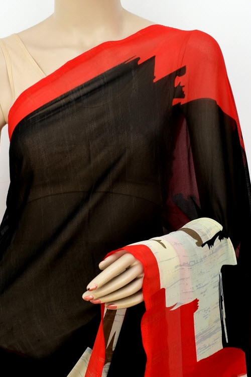 Black-Red Printed Georgette Saree with Blouse