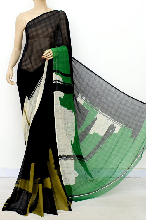 Black-Green Printed Georgette Saree with Blouse