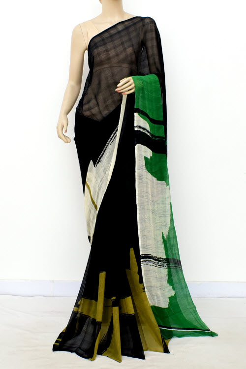 Black-Green Printed Georgette Saree with Blouse