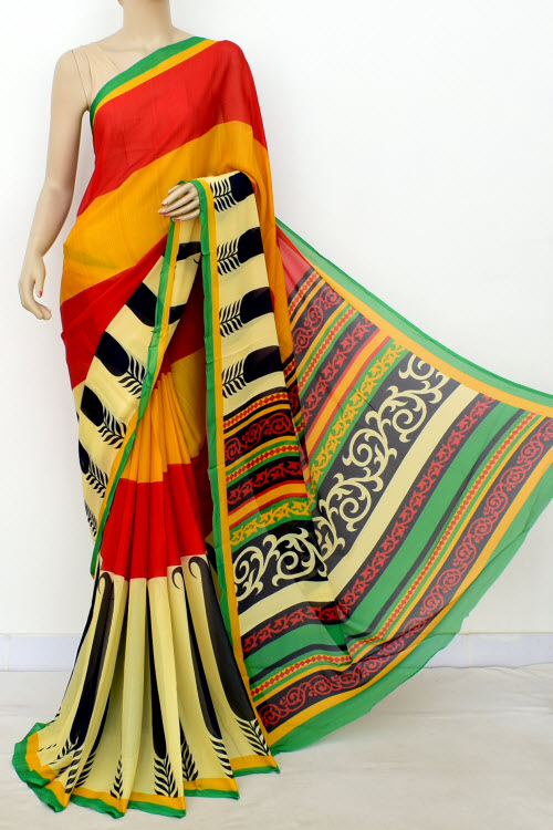Red-Mustard Printed Georgette Saree with Blouse