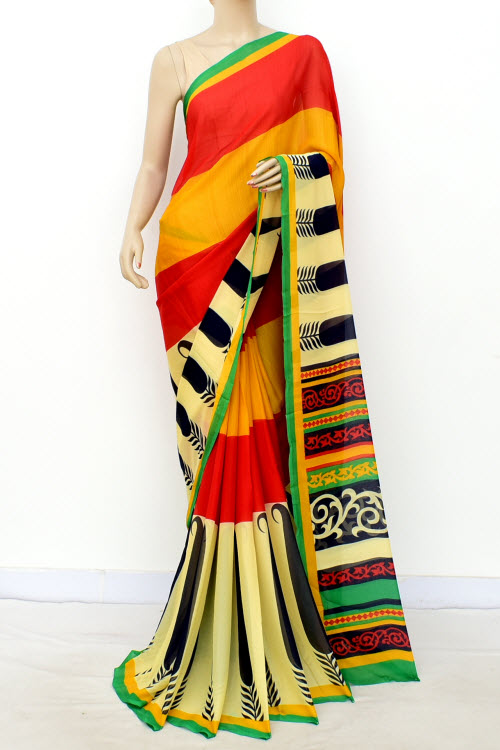 Red-Mustard Printed Georgette Saree with Blouse