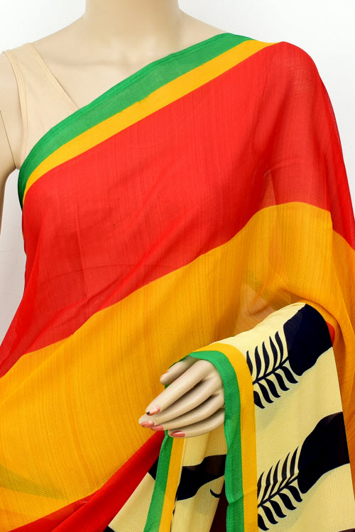 Red-Mustard Printed Georgette Saree with Blouse