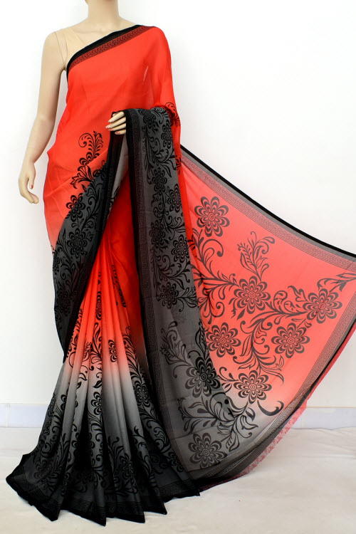 Peach-Grey Printed Georgette Saree with Blouse