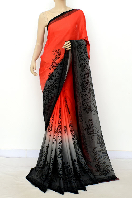 Peach-Grey Printed Georgette Saree with Blouse