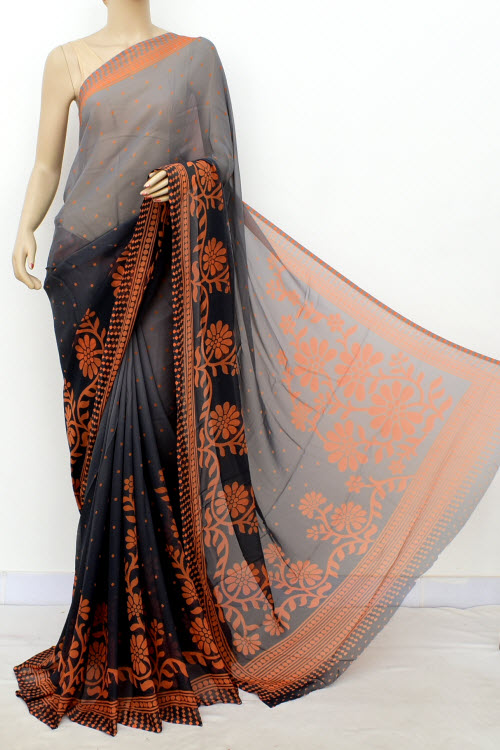 Grey-Orange Printed Georgette Saree with Blouse