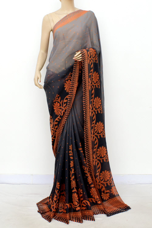 Grey-Orange Printed Georgette Saree with Blouse