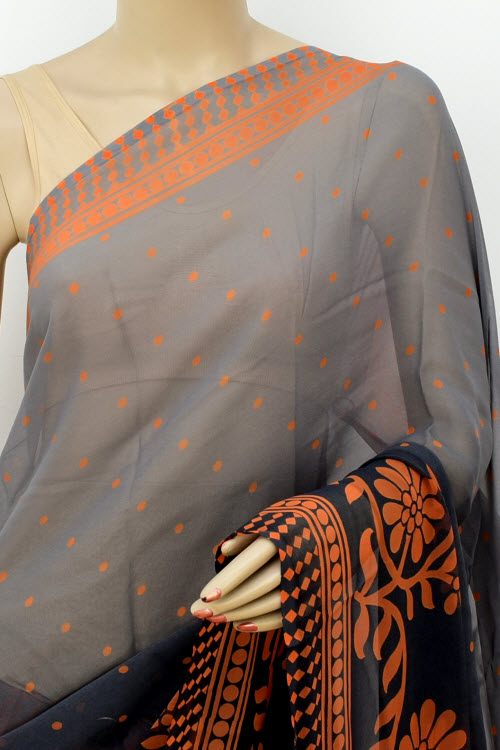 Grey-Orange Printed Georgette Saree with Blouse