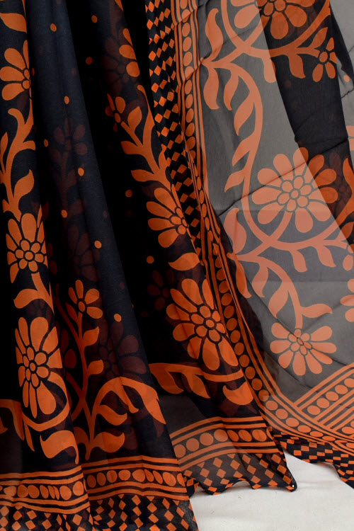 Grey-Orange Printed Georgette Saree with Blouse