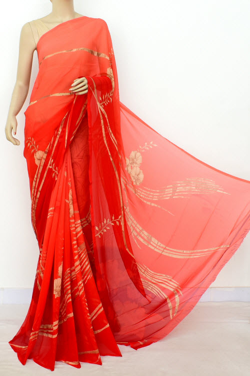 Orange Printed Georgette Saree with Blouse