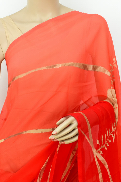 Orange Printed Georgette Saree with Blouse