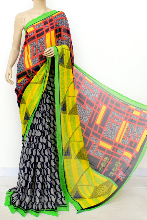 Yellow-Black Printed Georgette Saree with Blouse
