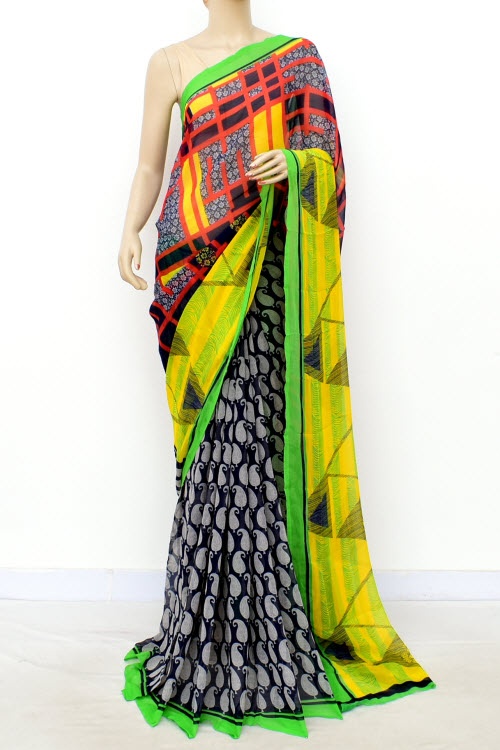 Yellow-Black Printed Georgette Saree with Blouse