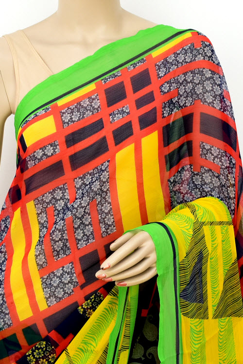 Yellow-Black Printed Georgette Saree with Blouse