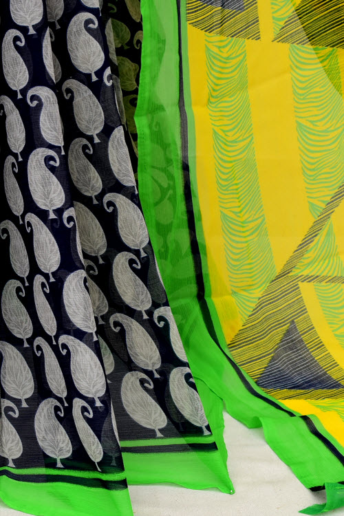 Yellow-Black Printed Georgette Saree with Blouse