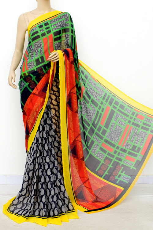 Yellow-Red Printed Georgette Saree with Blouse