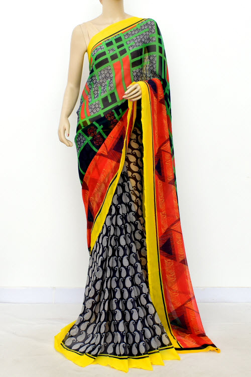 Yellow-Red Printed Georgette Saree with Blouse