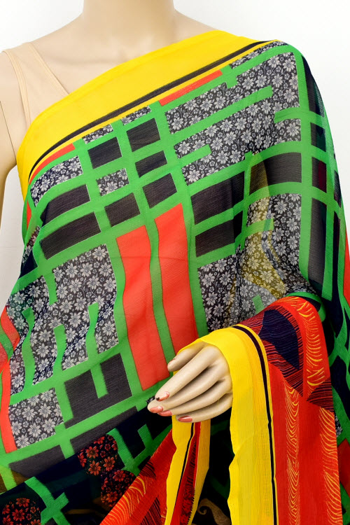 Yellow-Red Printed Georgette Saree with Blouse