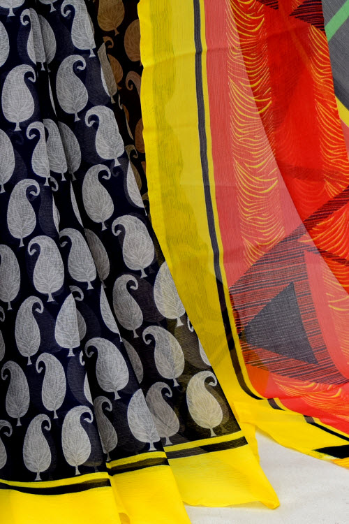 Yellow-Red Printed Georgette Saree with Blouse