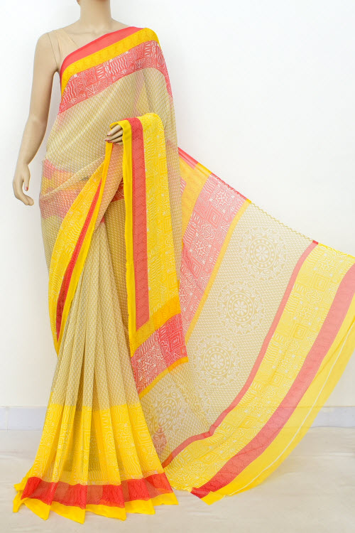Yellow-Red Printed Georgette Saree with Blouse