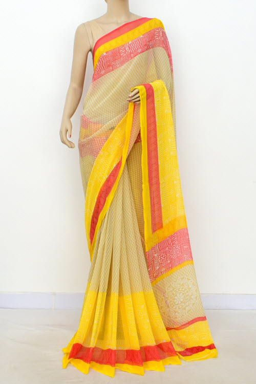 Yellow-Red Printed Georgette Saree with Blouse