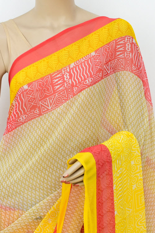 Yellow-Red Printed Georgette Saree with Blouse