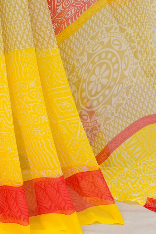 Yellow-Red Printed Georgette Saree with Blouse