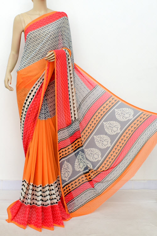 Red-Orange Printed Georgette Saree with Blouse