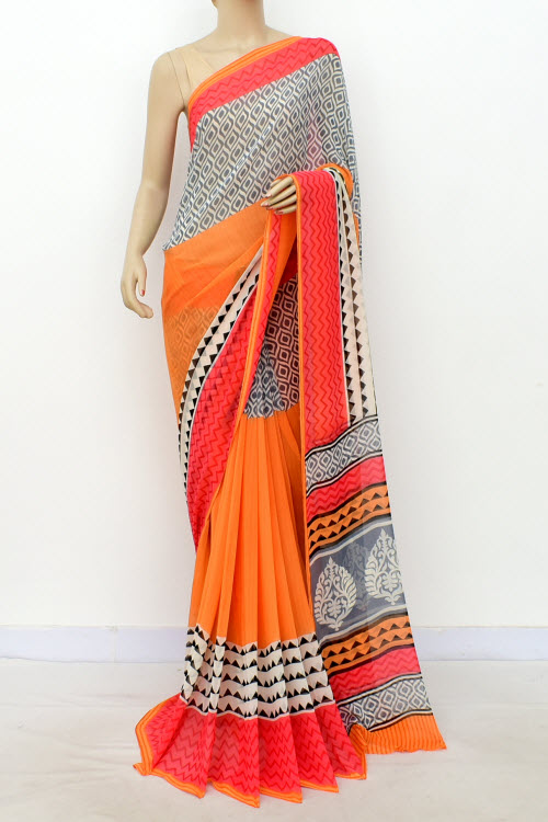 Red-Orange Printed Georgette Saree with Blouse