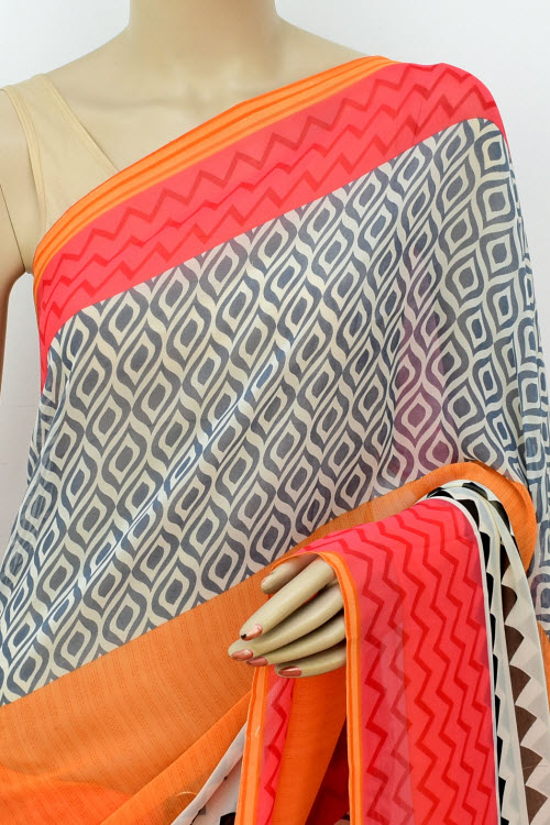 Red-Orange Printed Georgette Saree with Blouse