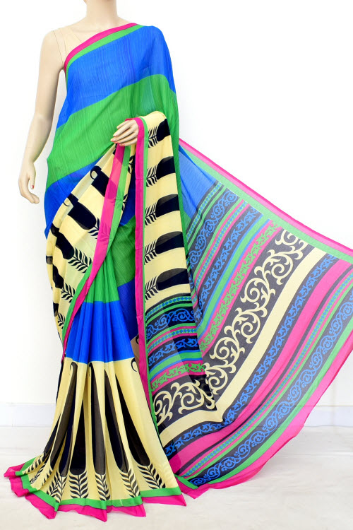 Blue-Green Printed Georgette Saree with Blouse
