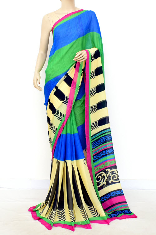Blue-Green Printed Georgette Saree with Blouse