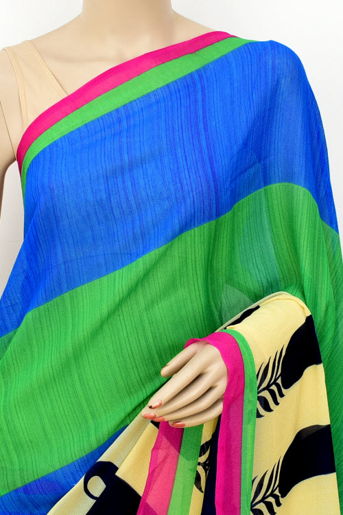 Blue-Green Printed Georgette Saree with Blouse