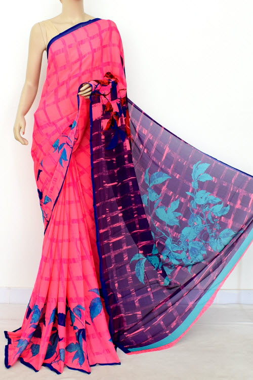 Pink-Blue Printed Georgette Saree with Blouse