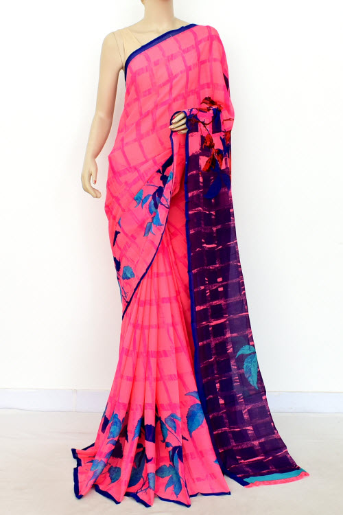 Pink-Blue Printed Georgette Saree with Blouse