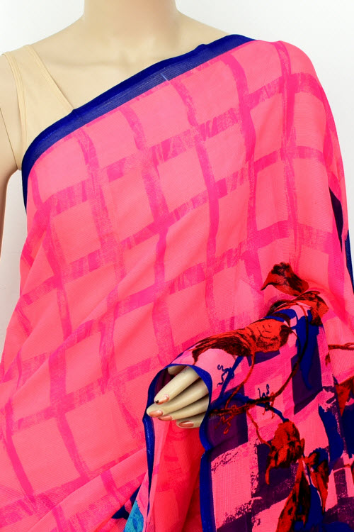 Pink-Blue Printed Georgette Saree with Blouse