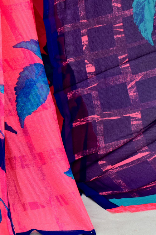 Pink-Blue Printed Georgette Saree with Blouse
