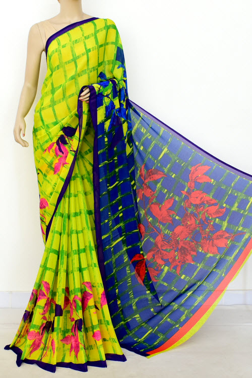 Yellow-Blue Printed Georgette Saree with Blouse