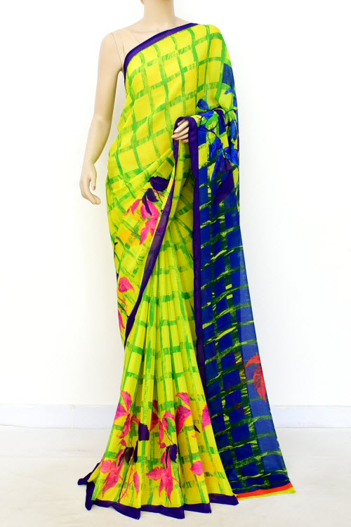 Yellow-Blue Printed Georgette Saree with Blouse