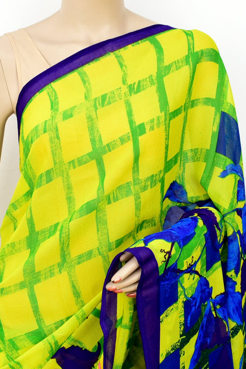 Yellow-Blue Printed Georgette Saree with Blouse
